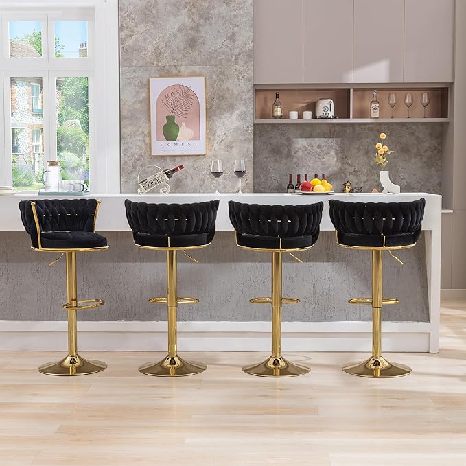 VECELO Bar Stools Set of 2, Adjustable Barstools Counter Height Stools with Back and Arm, Velvet Woven Kitchen Island Stools w/Gold Metal Leg & Base, 360° Swivel Bar Chair for Pubs Dining Room, Black