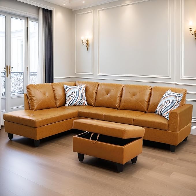 Leather Sectional Couch, Modern L Shaped Couches for Living Room, Comfy 4 Seat Modular Sectional Sofa with Ottoman Storage for Bedroom Apartment, Orange