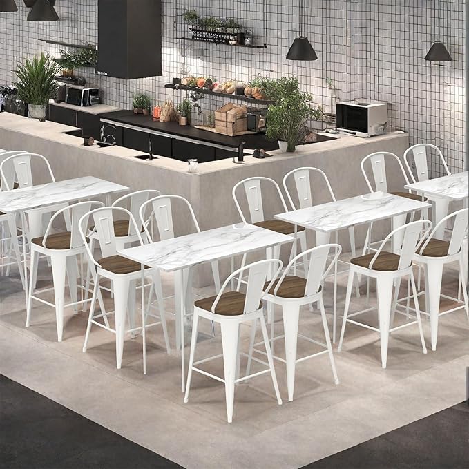 30” Swivel Bar Stools Set of 4, Counter Height Bar Stools Wooden Seat, Metal Industrial Bar Chairs with High Back for Kitchen Island (White)