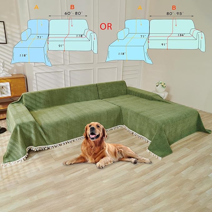HANDONTIME Green Sofa Cover Vintage Couch Cover for Dogs 91" X150" Couch Cushion Covers with Tassel Herringbone Sofa Cover Boho Sofa Covers for 3 Cushion Couch Chenille Soft Loveseat Sofa Covers