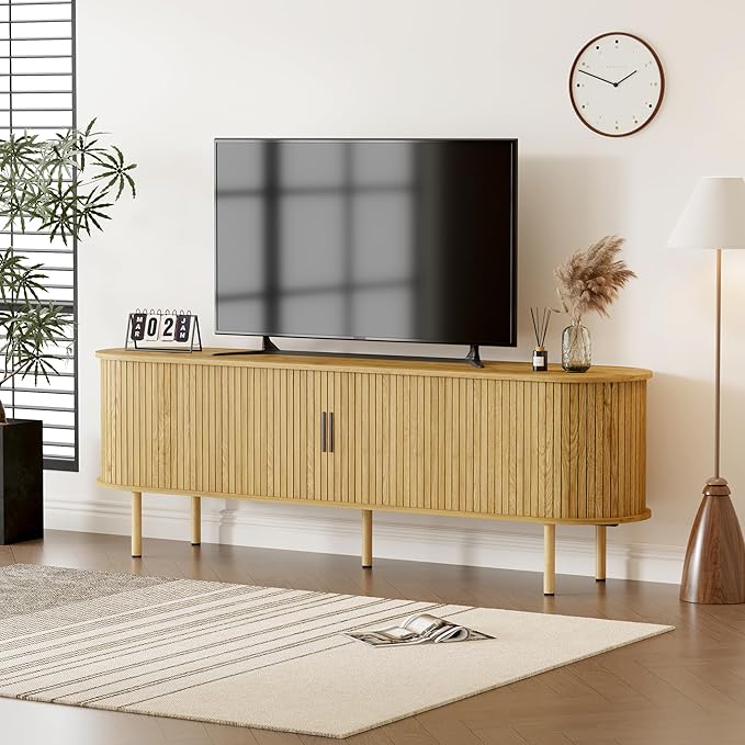 70.1" TV Stand, Modern TV Console Table with Storage Compartment and Sliding Door, Gaming Entertainment Center with Cabinet for Living Room, Bedroom, Office, Oak