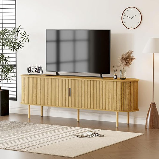GarveeHome 70.1" TV Stand, Modern TV Console Table with Storage Compartment and Sliding Door, Gaming Entertainment Center with Cabinet for Living Room, Bedroom, Office, Oak