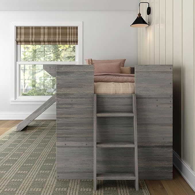 Max & Lily Loft Bed Twin Size, Solid Wood Low Loft Bed with Slide and Ladder, Modern Farmhouse Loft Bed for Kids, Driftwood