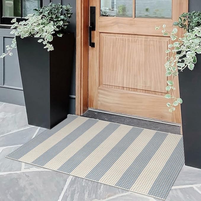 OJIA Front Door Mats Outdoor 24"x36" Machine Washable Indoor Outdoor Rugs Doormat Cotton Woven Entry Rug Striped Small Area Rugs for Front Porch/Bathroom/Farmhouse/Home Entrance (Blue/White/Tan)
