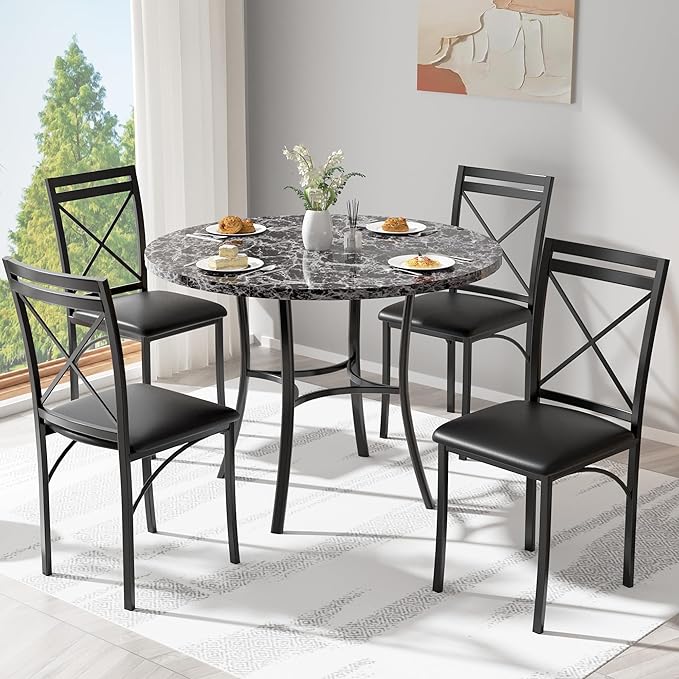 VECELO Metal Dining Chairs Set of 4, Steel Legs and PU Leather Cushion Seats for Kitchen, Living Room, Black