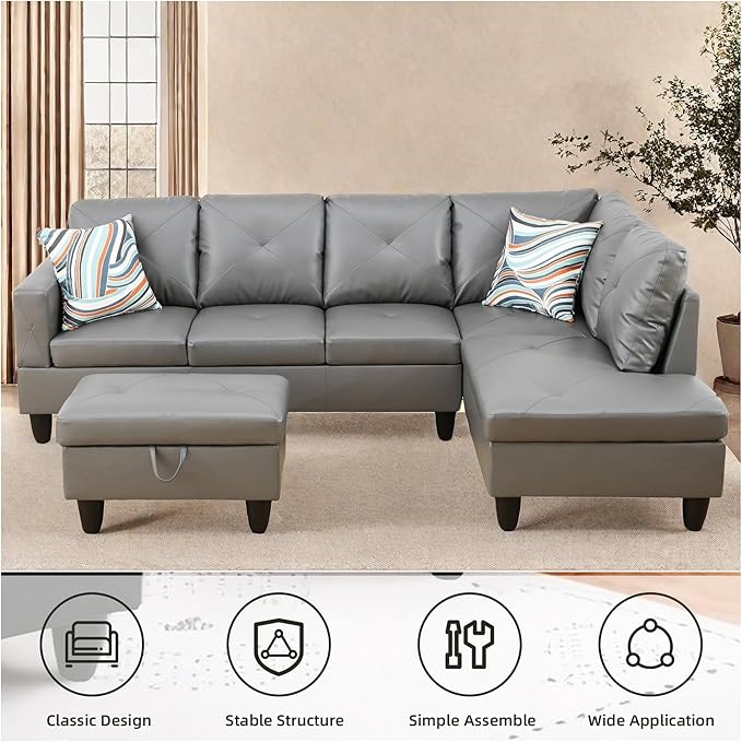 L Shaped Sectional Couches, Leather Modular Sectional Sofa with Ottoman Storage, Modern Lounge Sofa with Chaise for Living Room, Bedroom, Small Spaces, Gray