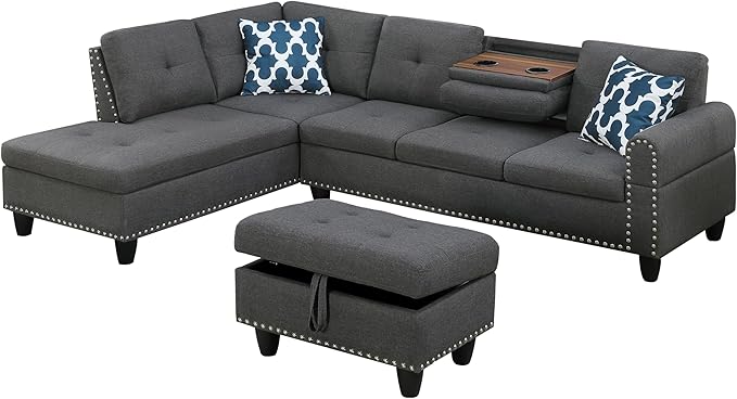 Ball & Cast 98" L Shaped Modular Sectional Couch for Living Room with Chaise & Storage Ottoman,4 Seat Linen Upholstered Sectional Sofa Set 3 PCS W/Cup Holders & Coffee Table,for Home,Office,Dark Gray