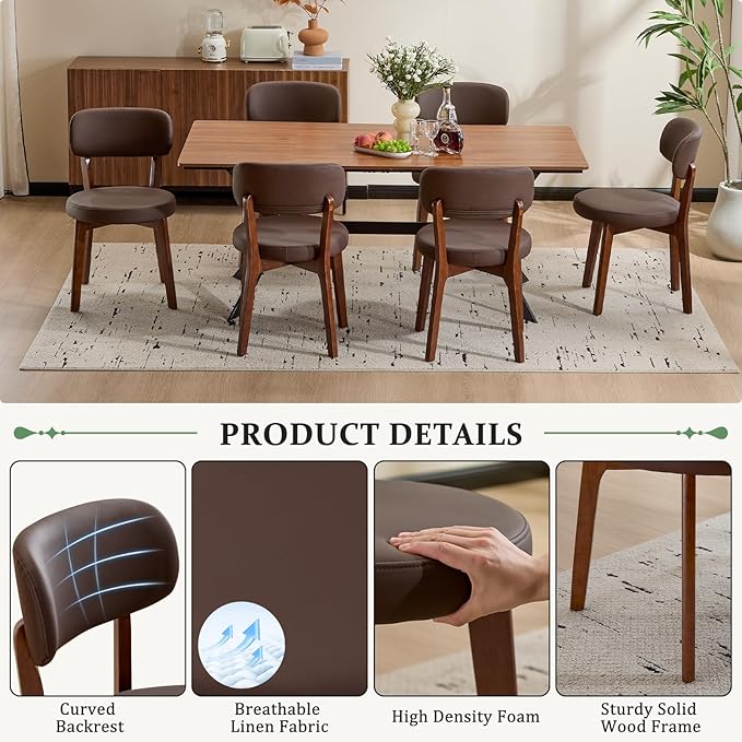 Furniliving Wooden Dining Chairs Set of 2, Mid-Century Modern Leather Upholstered Kitchen Chair with Solid Oak Wood, Farmhouse Dining Room Chairs, Brown