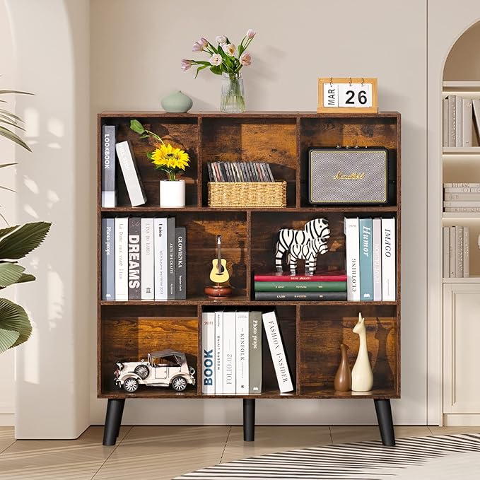 LEYAOYAO 8 Cube Bookshelf,3 Tier Bookcase with Legs,Rustic Brown Mid-Century Modern Bookshelves,Large Open Storage Organizer Shelf, Wooden Book Case