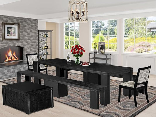 X02X2-2C6-30 4-pc Dining Room Table Set a Rectangular Kitchen Table and a wooden Bench and 2 Wire Brushed Black Polyester Stackable Chair, 39x120 Inch, Wire Brushed Black