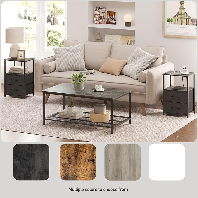 TUTOTAK LED End Table with Charging Station, Nightstand with Cloth Drawer, Side Table with 1 USB Port and 1 Type-C Port, Set of 2, Couch Table, Charcoal Grey TB01BY052L