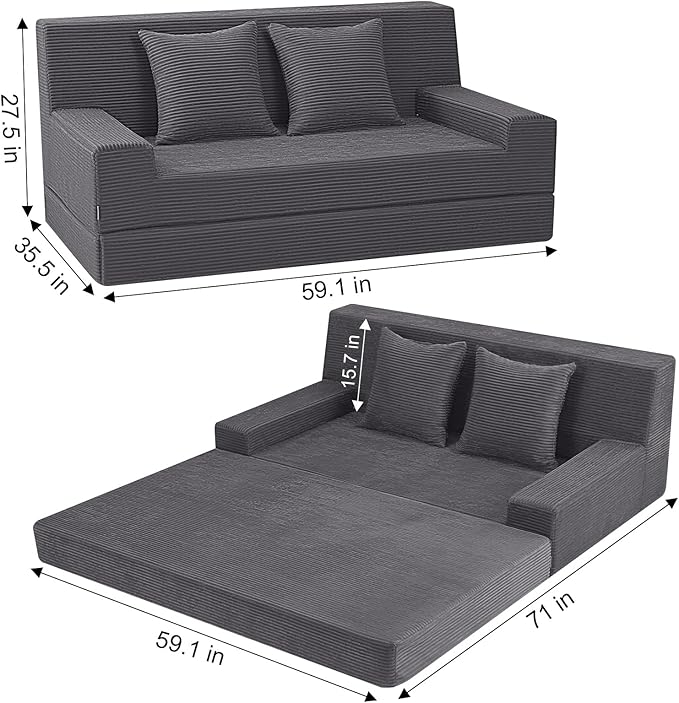 MeMoreCool Boneless Folding Sofa Bed Queen, Corduroy Convertible Sleeper Chair, Foldable Foam Mattress Chair, Comfy Fold‑Out Futon Couch Bed, Large Floor Sofa Couch for Living Room Guest
