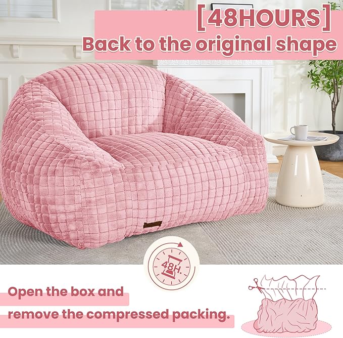 Bean Bag Chairs for Adults, Giant Beanbag Sofa Comfy Reading Chair, Oversized Bean Bag Chairs for Living Room Bedroom, Soft Faux Fur Fabric, 3.2FT, Pink, Checkered