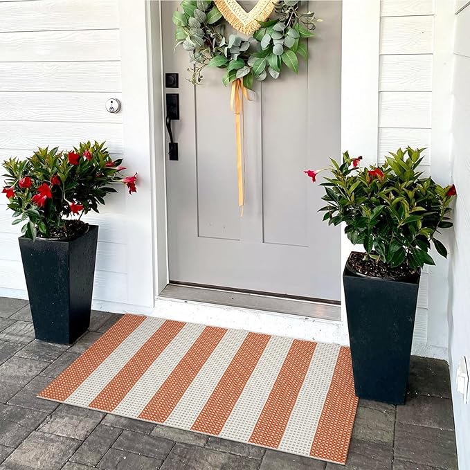 OJIA Fall Front Door Mat 24"x36" Cotton Woven Washable Striped Porch Rug Indoor Halloween Doormat Small Outdoor Rugs Farmhouse Entry Rug Kitchen Throw Rugs for Layered Door Mats (Orange/White/Tan)