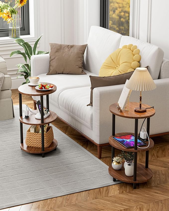 Small Round Side Table - 3-Tier Oval Accent Table for Small Spaces, Rustic Wood and Metal Nightstand for Living Room or Bedroom, with Built-in USB Ports and Power Outlet, Rustic Walnut