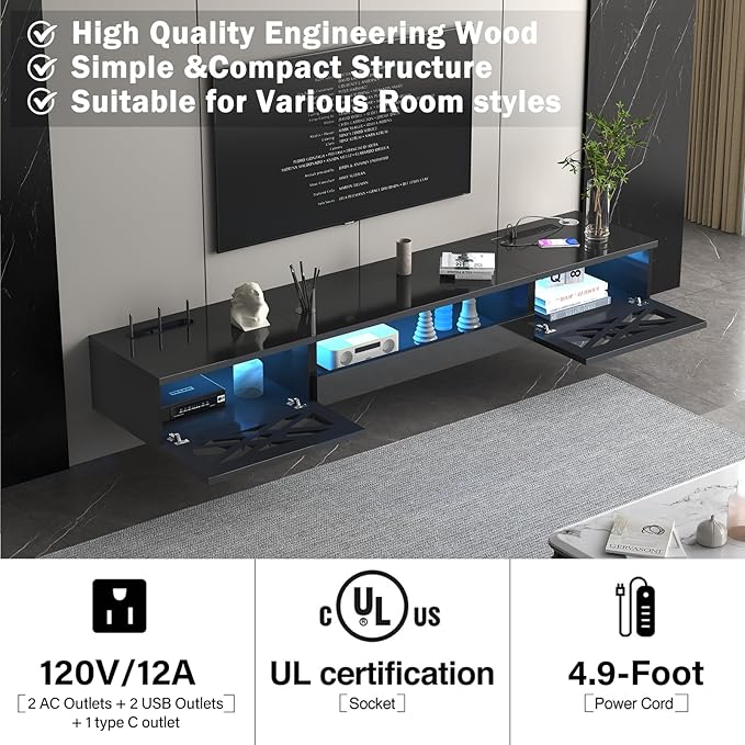 Floating TV Stand, 71" Floating Entertainment Center Wall Mounted,Floating Wall Mounted TV Shelf with Led Lights and Power Outlet,Modern High Gloss tv Cabinet Media Console with Storage