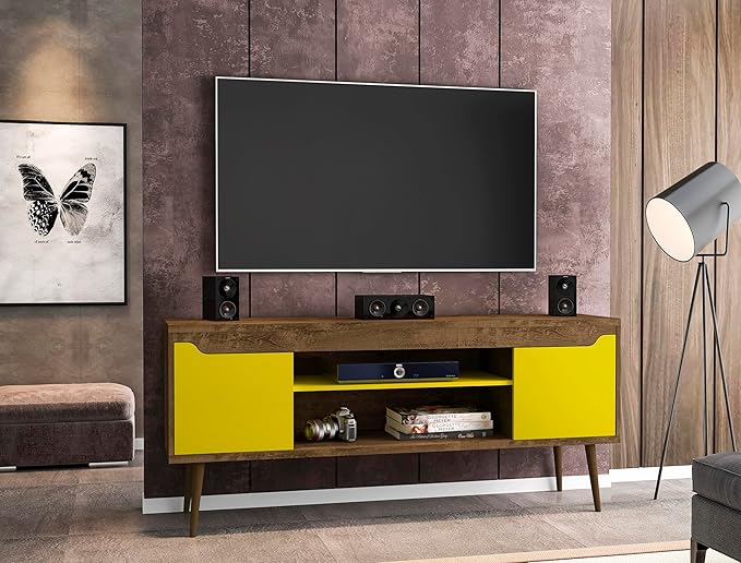 Manhattan Comfort Bradley Mid Century Modern TV Stand for Televisions up to 60 Inches, Living Room Entertainment Center with Storage, Media Shelves and Soft Close Doors, Rustic Brown/Yellow
