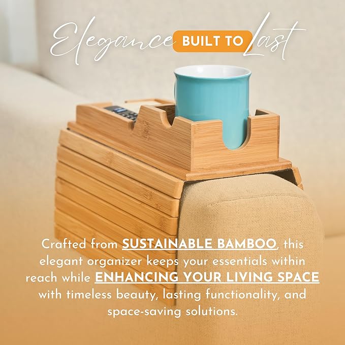 Couch Cup Holder Tray - Portable Sofa Arm Tray Table - Anti-Spill Armchair Caddy Couch Arm Table Snack Organizer with Removable Tray - Remote Control Holder Perfect for Cups, Snacks, Phone