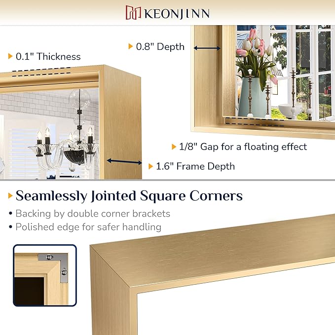 Keonjinn Brushed Gold Bathroom Mirror 42 x 36 Inch Metal Frame Rectangular Large Wall Mirror for Bathroom Sink Gold Vanity Mirror for Over Sink Aluminum Alloy Rectangle Mirror(Horizontal/Vertical)