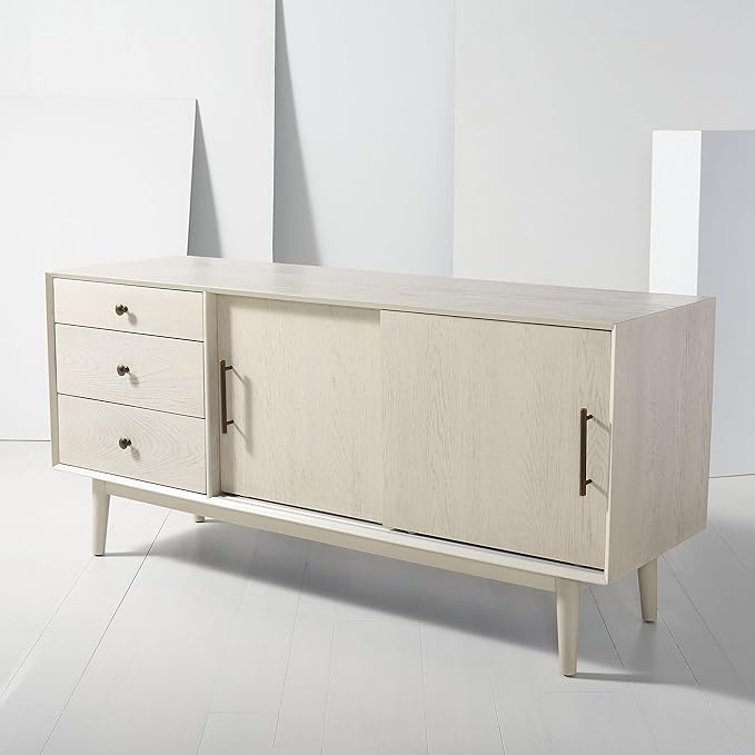 SAFAVIEH Couture Collection Tomas Mid-Century White Washed 3-Drawer Sliding Door Entertainment Media Stand (Fits up to a 65" Flatscreen TV)