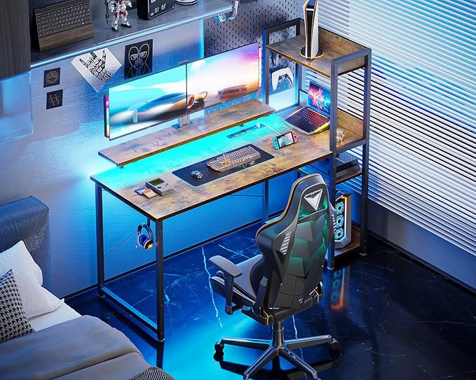 ODK Reversible Gaming Desk with Power Outlets and LED Lights, 48 Inch Computer Desk with Storage Shelves and Monitor Stand, Modern Writing Study Desk for Home Office, Rustic Brown