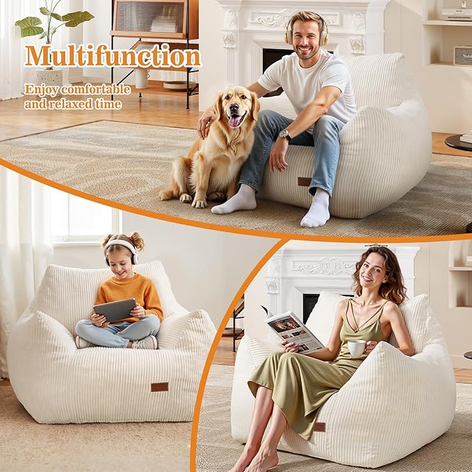 Big Bean Bag Chair for Adults & Kids, Ultra Soft Living Room Bean Bag with Armrests & Ottoman, Stuffed BeanBag Floor Sofa for Napping, Gaming, Lounging, Beige