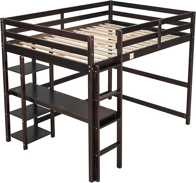 HomSof Full Loft Bed with Desk and Shelves,Espresso