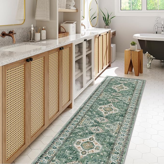 Lahome Oriental Hallway Runner Rug, 2.5x8 Kitchen Runner Non Slip Ultra-Thin, Soft Washable Hallway Rug Non Shedding Long Carpet for Entryway ‎Laundry Room Bathroom, Green/Multi