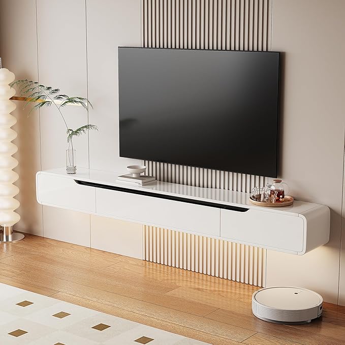 High Gloss Floating TV Stand with 3 Doors,70'' Wall Mounted TV Cabinet,Under TV Console,Floating Media Shelft for Bedroom Living Room(White)