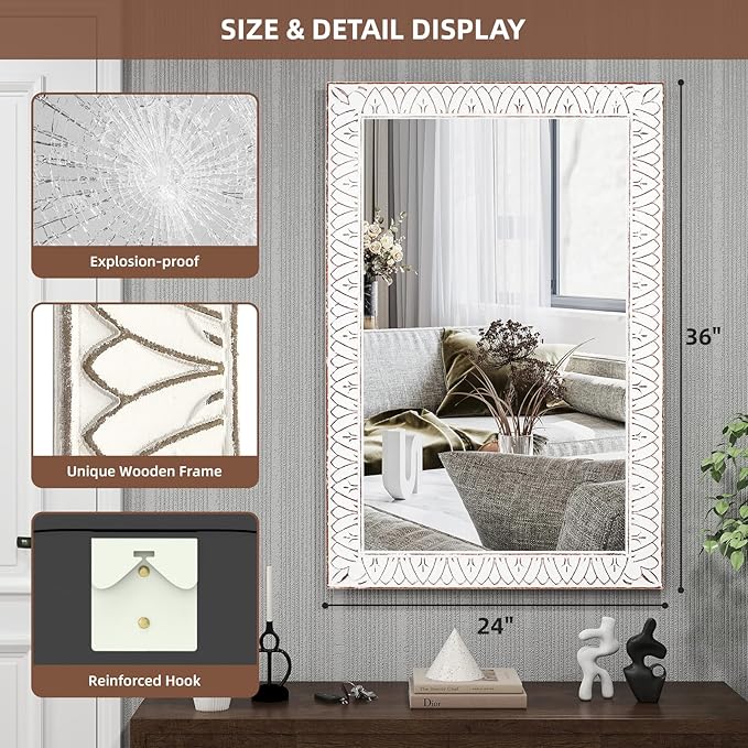 36x24 Inch Farmhouse Rectangle Wall Mirrors with Wooden Frame, Rustic Decorative Rectangular Mirror for Living Room, Bedroom, Bathroom, Entryway - Vertical/Horizontal Hanging