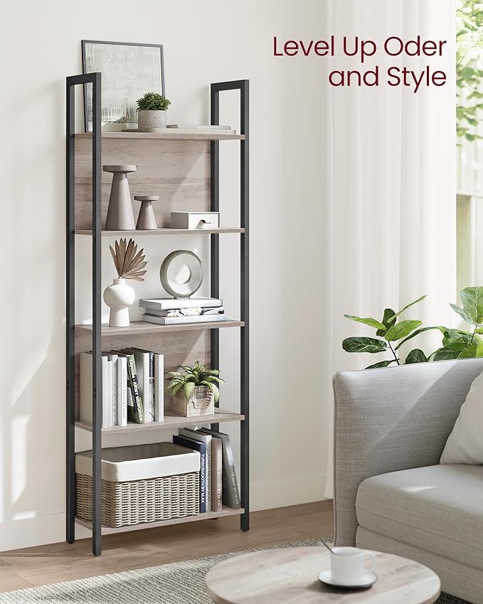 VASAGLE 5-Tier Bookshelf, Book Shelf, Industrial Bookcase, with Steel Frame, for Living Room, Home Office, Bedroom, 9.4 x 24.4 x 65 Inches, Greige and Black ULLS025B02