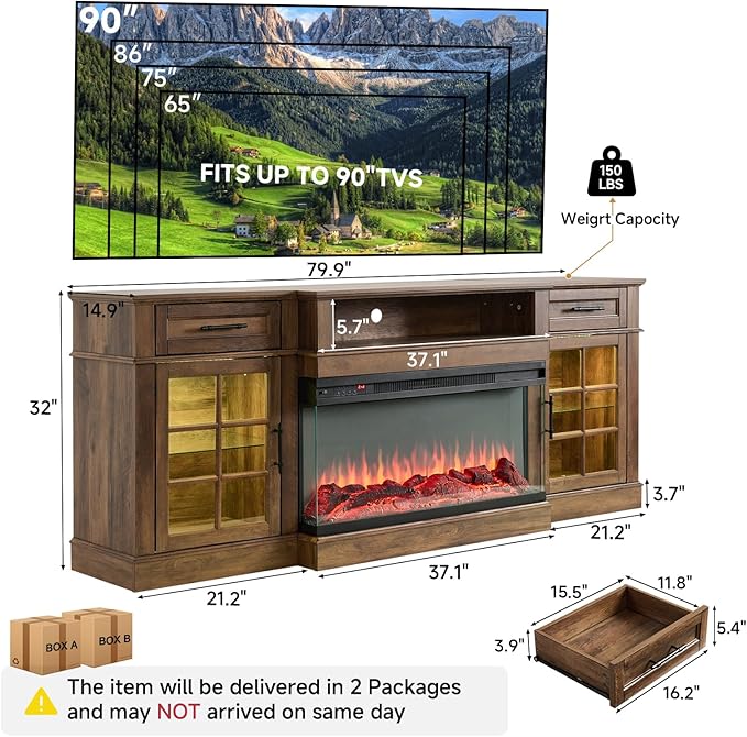 ROCKPOINT 3 Sided Glass 80" Fireplace TV Stand for TVs up to 90",Entertainment Center with Drawers and Glass Door Storage Cabinet for Living Room,36"Electric Fireplace & Adjustable LED Light ,Espresso