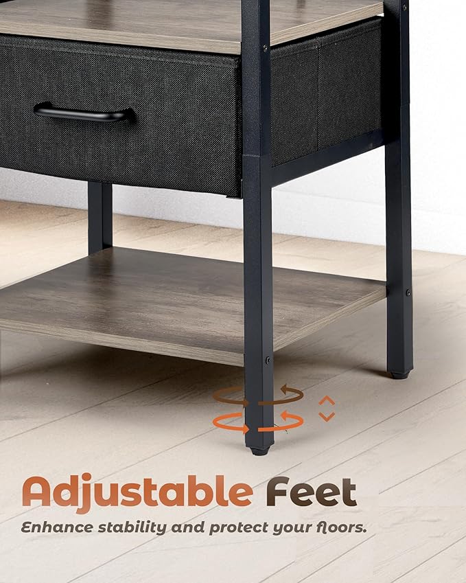 Nightstand with Charging Station, Bed Side Table with Fabric Drawer, 3-Tier Storage Dorm Night Stand for Bedroom, 2 USB & 2 Outlets End Table, Greige and Black