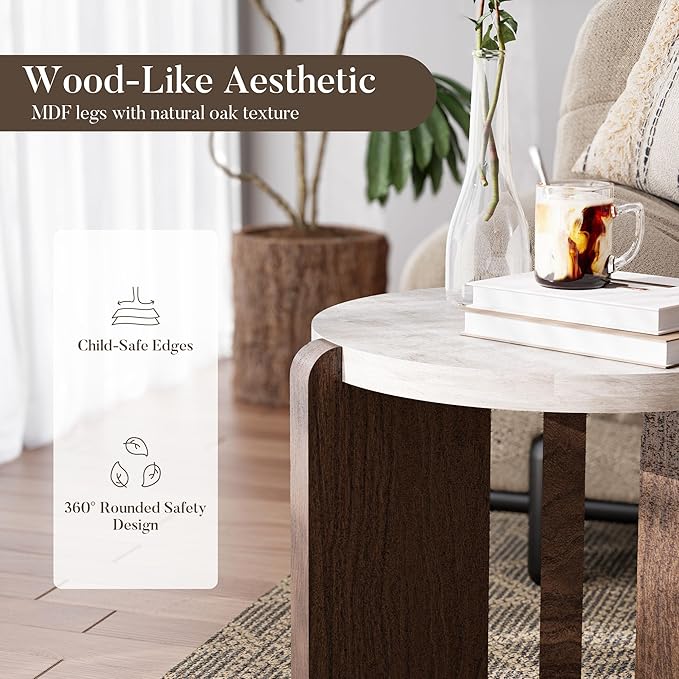COSIEST Small Round Side Table, Modern 3-Leg Accent End Table with Faux Marble Wood Top and Wood-Like Legs, Nightstand for Living Room, Bedroom, Office, Cream White & Dark Brown,17.7”Dia. x 18.9”H