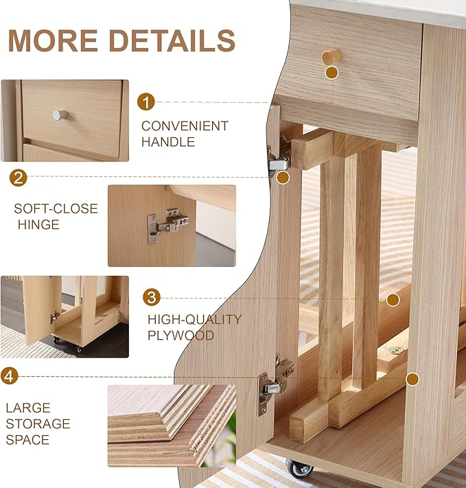 Drop Leaf Table Extendable, Foldable Kitchen Table Space Saving, Folding Dining Table with 2 Drawers and 4 Wheels, Dining Table for Living Room, Farmhouse， RV(Marble Wood)