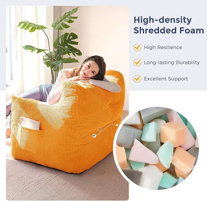 MAXYOYO Bean Bag Chair, Tufted Bean Bag Couch Lazy Chair, Living Room Sofa Couch with Filler for Adult Teens Kids, Corded Fabric Accent Sofa for Bedroom Dorm, Orange