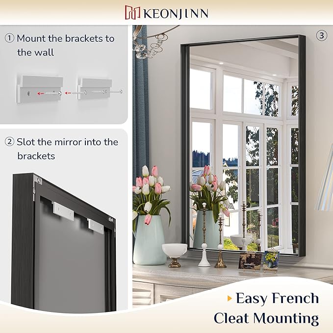 Keonjinn 30x30 Inch Black Bathroom Mirror, Modern Farmhouse Rectangular Wall Mirror with Aluminum Alloy Frame, Horizontal/Vertical Mounting