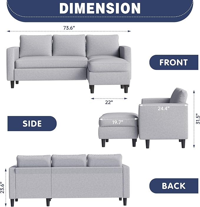 Small Sectional Sofa Couch, 3 Seat L Shaped Couches with Ottoman, Upholstered Fabric Convertible Sofa, Small Couch for Apartments, Living Room and Office (Light Grey)