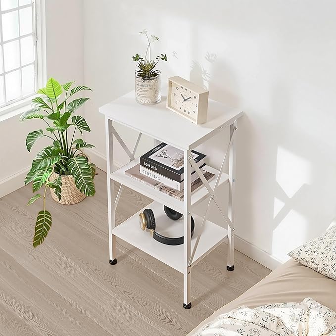 VECELO End Table Set of 2, Bedside Table, 24" Tall Living Room End Tables, X-Design Reinforced Nightstands, Side Table with 3-Tier Storage Shelves for Small Spaces, Office, Bedroom, Pearl White