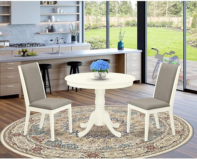 East West Furniture ANLA3-LWH-06 3 Piece Kitchen Table Set for Small Spaces Contains a Round Dining Table with Pedestal and 2 Shitake Linen Fabric Upholstered Chairs, 36x36 Inch, Linen White