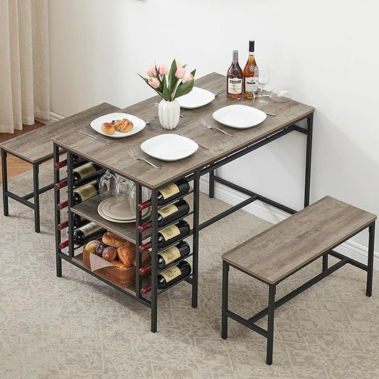 IDEALHOUSE Dining Table Set for 4, Kitchen Table Set for 4 with 2 Benches, Rectangular Dining Room Table Set with Wine Rack, 3 Piece Dining Table Set for Small Space Apartment, Grey