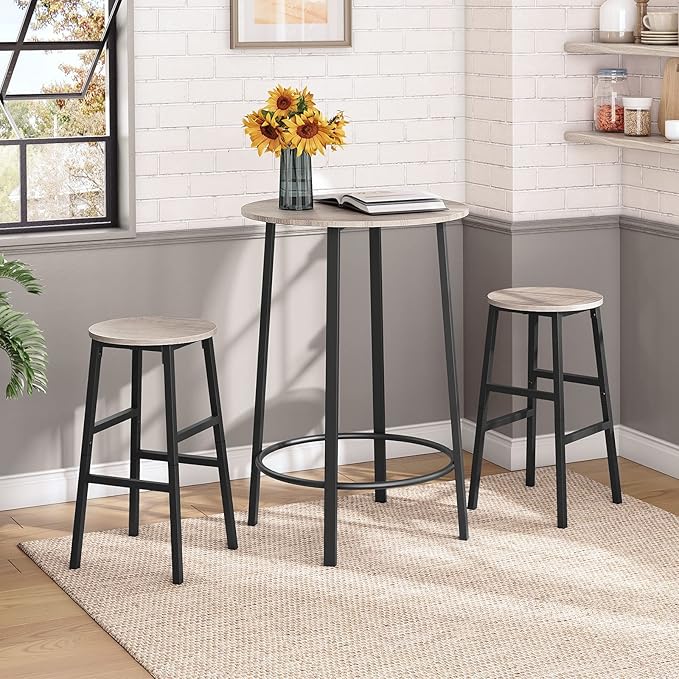 Bar Stools, Set of 2 Round Bar Chairs with Footrest, 24.4 Inch Kitchen Breakfast Bar Chairs, Industrial Bar Stools, Easy Assembly, for Dining Room, Kitchen, Greige BAHG0201Z
