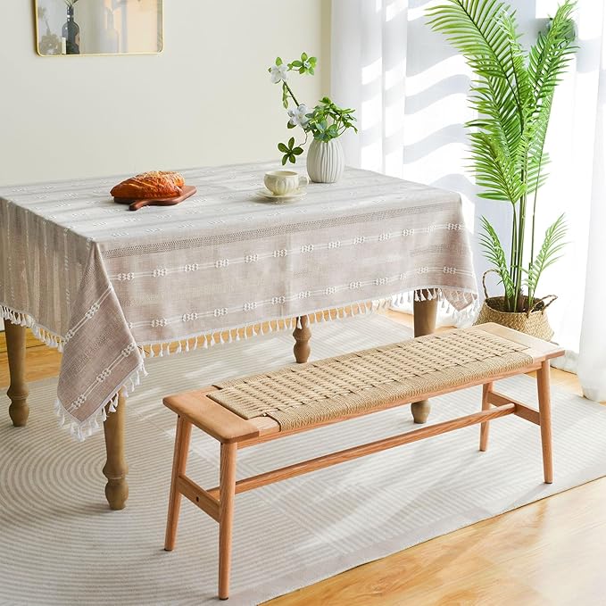OOKSEN Entryway Bench, Solid Wood Dining Bench, 31.5" Wooden End of Bed Benches, Midcentury Modern Bedroom Benches Stool with Hand-Woven Rope for Kitchen Living Room Hallway