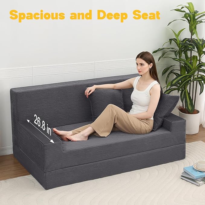 MeMoreCool Boneless Folding Sofa Bed Queen, Corduroy Convertible Sleeper Chair, Foldable Foam Mattress Chair, Comfy Fold‑Out Futon Couch Bed, Large Floor Sofa Couch for Living Room Guest