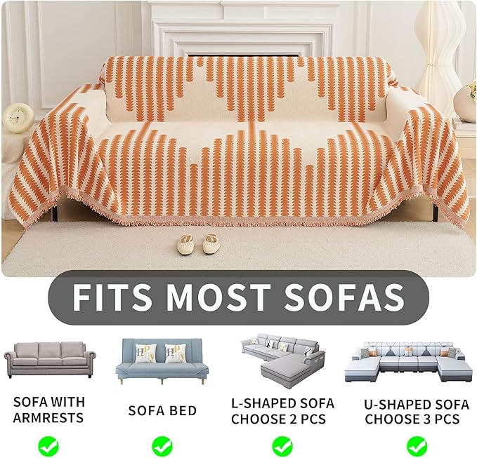 HAOMAIJIA Boho Sofa Covers Couch Covers for 3 Cushion Couch Sofa Pet Friendly Soft Thick Non Slip Couch Cover for Dogs Washable Sectional Couch Covers L Shape Furniture Protector (Orange, 91"x134")