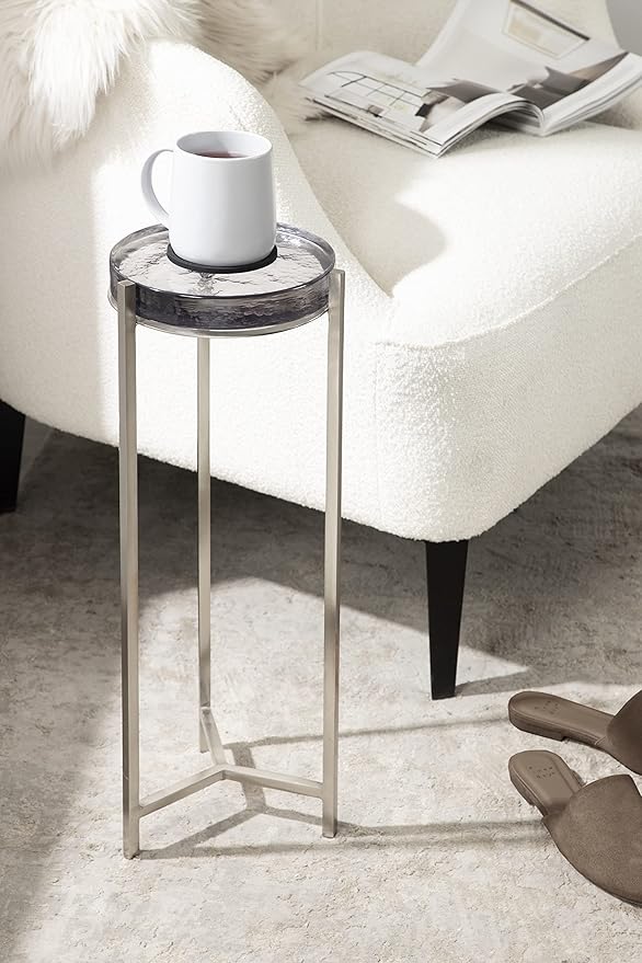 Kate and Laurel Aguilar Modern Drink Table, 9 x 9 x 23, Silver with Tinted Glass, Detailed Glass Accent Table for Small Spaces
