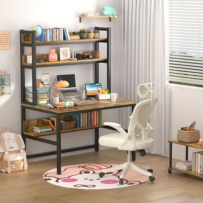 Aquzee Computer Desk with Hutch, 47“W x 23.6" D Desk with Shelves, Tall Home Office Desk with Bookshelf, Metal Legs Study Table with Upper Storage Shelf for Study Writing/Workstation