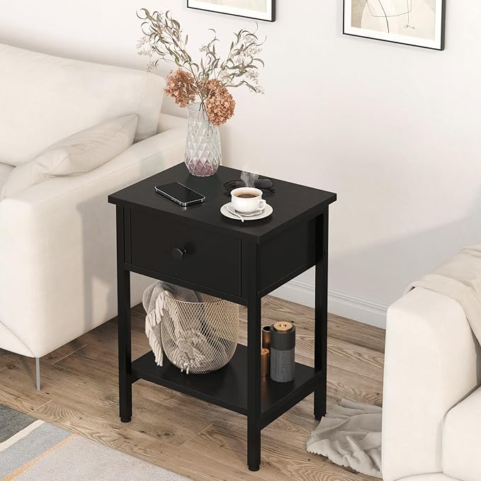 Nightstands Set of 2 with Drawers, Bedside Table Set of 2 with Storage Shelf, Heavy Duty End Side Table for Living Room Bedroom Small Space Sofa Couch, Wood Metal Night Stand, Easy to Assemble, Black