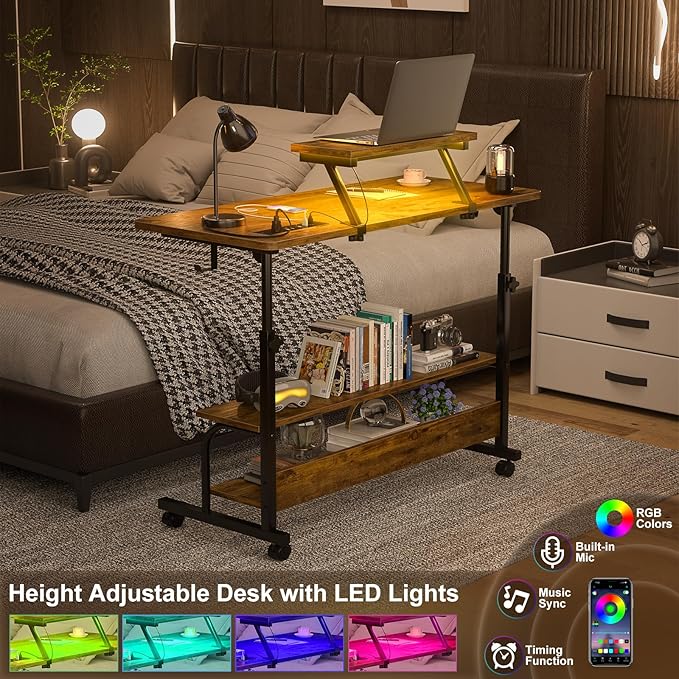 Height Adjustable Standing Desk with Power Outlets and LED Lights - 39" Manual Stand Up Desk with Monitor Stand and Storage Shelves Small Mobile Rolling Computer Desk Portable Laptop Table, Rustic