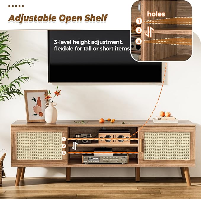 SUPERJARE Boho TV Stand for 65 Inch TV, Entertainment Center with Adjustable Shelf, Rattan TV Console with 2 Cabinets, Media Console, Solid Wood Feet, 4 Cord Holes, for Living Room, Walnut